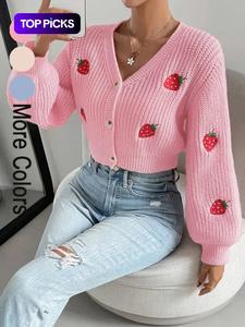 Women's Strawberry Embroidery Button Front Crop Cardigan, Casual V Neck Lantern Sleeve Knitwear for Spring & Fall, Cardigan for Women, Fashion Women's Knit Clothing for Daily Wear
