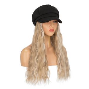 Beret with Hair Extensions Hat for Women Hat Newsboy Cap with Wavy Curly Synthetic Wig Attached 18 inch Long Curly Hair Black Beret Light Brown Warm and Fashionable Headwear for Autumn and Winter, Perfect for Halloween and Christmas
