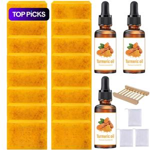 Turmeric & Kojic Acid Soap Bars, Body Wash Set Brightening Turmeric Cleanser Bar Soaps and Serums Set, 16pcs Turmeric Kojic Acid Soap & 3 Counts Turmeric Oil & 1 Count Soap Dish & 3 Counts Soap Bag, Daily Body & Face Care for Women & Men