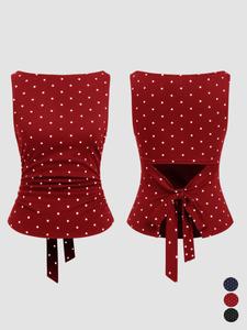 Women's Polka Dot Tank Top, Summer Sleeveless Knot Design, Casual Sleeveless Strapless, Y2K Style, Slim-Fitting, Round Neck, Back Tie, Casual Wear