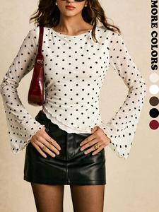 Women's Elegant Commuter Polka Dot Flare Sleeve Asymmetric Hem T-Shirt Full Sleeve Tops Bell Sleeves Polkadot Top Romwe Tops  Bell Sleeves Top