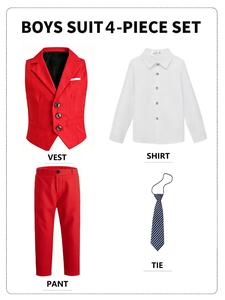 Toddler Boys' Spring Summer Suit Set, Jacket Shirt Pants Tie, 100-150cm Slim Fit, Wedding Groom Performance Dress, Multiple Colors Available