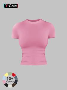 Women's Solid Color Sports Tee, Casual Comfy Elastic Breathable Sportswear Short Sleeve T-shirt for Yoga Gym Workout Running, Ladies Sportswear All Season Activewear for All Seasons Activewear Clothing
