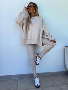 Two-Piece Set Women's Solid Drop Shoulder Split Hem Sweatshirt & Leggings, Casual Fashion Cozy Round Neck Long Sleeve Pullover & Trousers for Daily Outdoor Wear, Women's Clothing for Spring & Fall