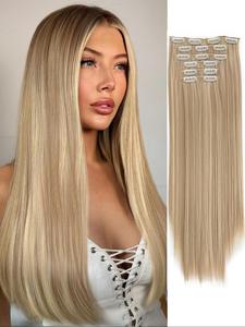 24 Inch Long Blonde Straight Clip-in Hair Extensions, Natural Fluffy Hair Extensions for Daily & Party Decoration, Synthetic Hair Extensions for Women