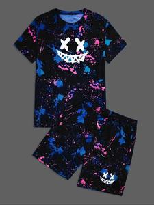 Two-piece Set Men's Cartoon Print Short Sleeve Tee & Shorts Set, Regular Fit Casual Round Neck T-shirt & Shorts, Men's Two-piece for All Seasons