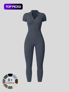 Women's Solid Short Sleeve Half Zip Sports Jumpsuit, Athletic Jumpsuit, Sporty Stand Collar Skinny Jumpsuit for Yoga Gym Workout, Shaping Yoga Jumpsuit