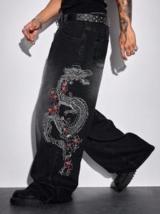 2026 Spring Summer American Street Retro Wide Leg Pants with All-Over Embroidery, Trendy Loose Fit Denim Trousers for Casual Style Jeans Pants, Casual Fashion Jeans