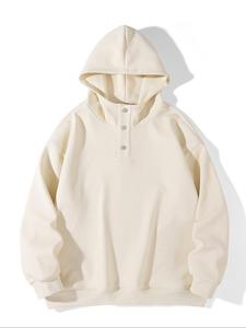 Men's Solid Button Front Hoodie, Casual Loose Long Sleeve Hooded Sweatshirt for Daily Wear, Men's Clothes for All Seasons