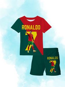 Boys' 2-Piece Set Ronaldo Portugal Colorblock Casual Short Sleeve Top & Shorts 3D Print, Breathable Comfort, Daily Wear, Sports Clothing, Birthday Gift, Clothing Sets