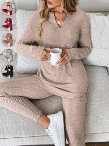 2pcs/Set Women's Casual  Plush Rib-Knit Long Sleeve T-Shirt And Leggings Suit, Autumn/Winter