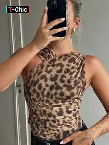 Women's Leopard Print Asymmetrical Neck Ruched Mesh Bodysuit, Fashion Casual Sleeveless Bodysuit for Summer, Jumpsuit for Women, Ladies Clothes for Holiday Party Club, College Outfits