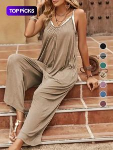 Women's Plain Ruched Pocket Backless Baggy Cami Jumpsuit, Casual Adjustable Strap Wide Leg Jumpsuit Overalls for Daily Everyday Wear, Ladies Clothes for All Seasons, Womenswear