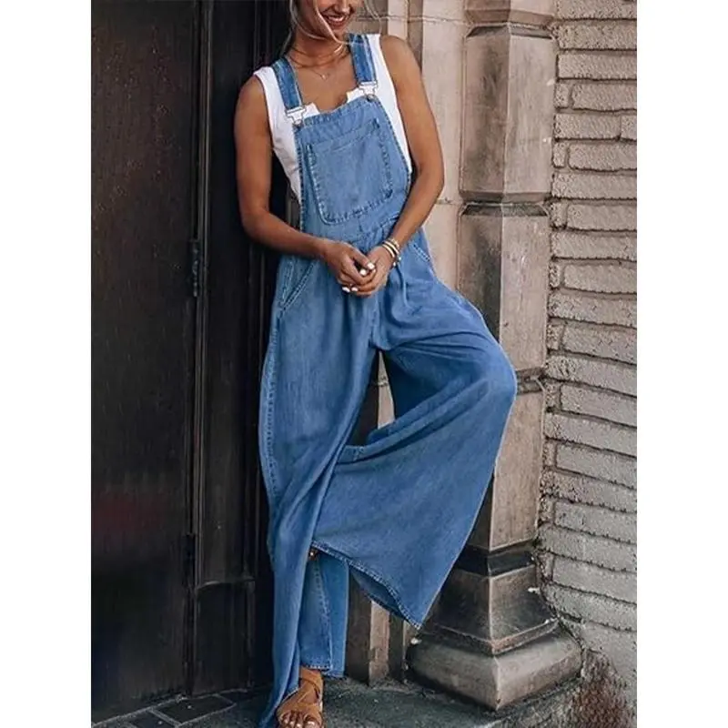Dhorizon Women'S Loose Adjustable Shoulder Strap Wide Leg Suspender Jeans Bib Overall Jeans Jumpsuit Overalls
