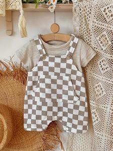 Vintage Checkered Baby Bib Set, Soft Cotton Summer Breathable, Classic Coffee Pattern, Loose Fit for Comfort, Two-Piece