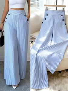 New Spring Summer Fashion Simple Woven Elegant Linen Blue Striped Wide Leg Bell Pants, Womenswear Hidden Zipper Pockets Button Design