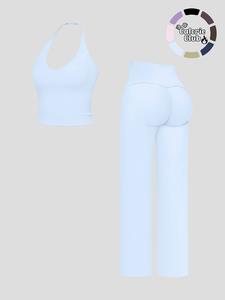 Women's Halter Backless Sports Bra, Outdoor Fitness Tank Top, High Waist Vintage Straight Leg Pants Set, Casual Spring & Fall