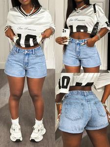 New Plus Size Women's Denim Shorts, Womenswear, Rolled Hem, Elastic Waist, Y2K Style, Comfortable Fit, Ideal for Daily Wear, Casual Outing, Cycling, Parties