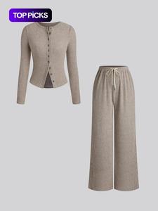 Women's Fall Winter Casual Slim-Fit Long Sleeve Round Neck Top & Pants Set, Plain Pattern Moderate Fabric, Two-Piece