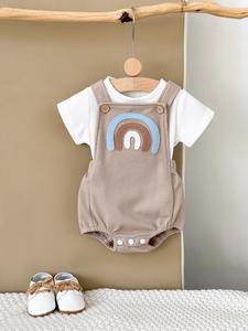 Baby's Colorblock Rainbow Patch Decor Overalls & Tee Set, Casual Cute Two-piece Outfits for Infant Toddler, Newborn Baby Summer Clothes