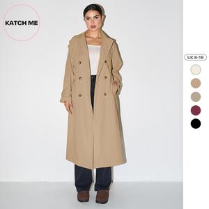 Katch Me Look Women's Solid Classy Notch Lapel Double Breasted Belt Decor Trench Coat, Versatile Plain Outerwear for Lady Streetwear, Minimalist Outfit