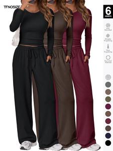Women's 2 Piece Matching Lounge Set, Long Sleeve Slightly Crop Top & Wide Leg Pants, Casual Sweatsuit for Fall & Winter