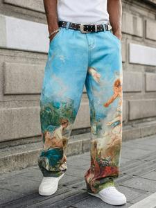 Men's Streetwear Y2K Fashion Oil Painting Print Jeans, Loose Wide Leg Long Pants, Trendy and Stylish Denim for Men