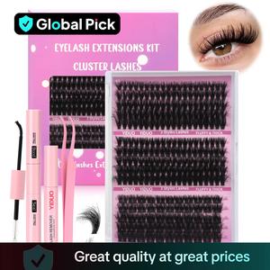 Eyelashes Extension Set, 60D & 80D & Thick Volume Lashes Clusters, Individual Lash Extensions Kit, 10-18mm D Curl Lash Extensions Kit with Lash Bond and Seal, Lash Remover, Lash Tweezers, DIY Lash Clusters at Home