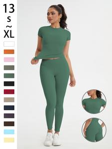 Women's Sportswear Set, Workout Running Clothes, Slim-Fit Round Neck Short Sleeves & High-Waisted Yoga Pants, Ideal for Gym Running Outdoor Activities