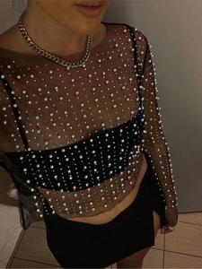 Women's Pearl Rhinestone Beaded Long Sleeve Cover-Up Top, Summer Clubwear, Sheer Design, No Cami Layered Look