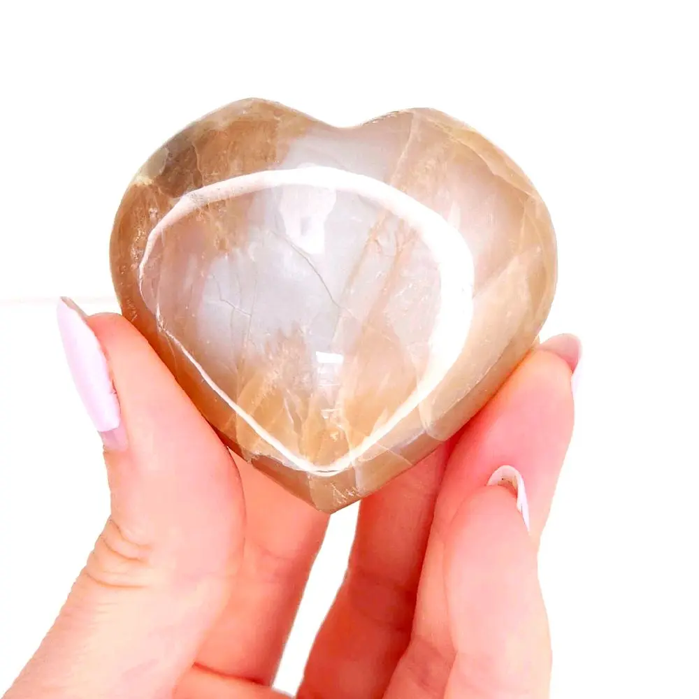 Peach Moonstone Crystal Heart Carving with Silver Sheen