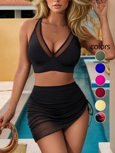 Women's Contrast Mesh Drawstring Swimsuit Set, Solid Color Crop Top & Irregular Hem Skirt Set, Ladies Swimwear for Beach Holiday Vacation