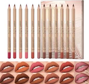 12 Colour Matte Lip Liner Set, 12Pcs Nude Lip Liner Set, Waterproof Long Lasting Lip Liner Pencil, High Pigmented Natural Lip Makeup, Plumping Lip Definer Pencil, Brown Lipliner Pencil for Women