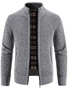 men's plain pocket zipper cardigan, regular fit casual long sleeve stand collar knit outerwear for fall & winter, fashion men's knitwear for daily wear