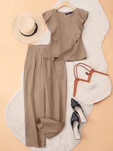 Women's Solid Ruffle Trim Tank Top & Long Leg Pants Two-piece Set, Casual Sleeveless Top & Straight Leg Trousers for Summer, Ladies Lounge Clothes for Daily Wear, Womenswear