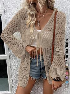 Women's Solid Color Hollow Out Tie Front Crochet Cardigan, Lady Basic Casual Long Sleeve Knitwear for Summer, Fashion Women's Knit Clothing for Daily Wear, Longsleeves Womenswear, Breathable Casual Top, Casual Classy Top