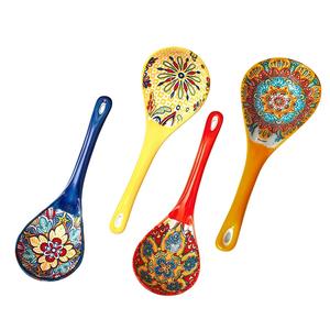 Bohemian Ceramic Soup Spoon Set, Kitchen Set Cutlery, Large Household Serving Spoons, Ramen Soup Spoons, Microwave and Oven Safe, 4pcs