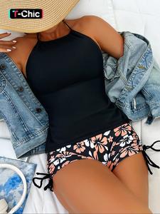 Two-Piece Set Women's Floral Print Tie Back Tankini Set, Casual Halter Top & Drawstring Side Shorts, Summer Swimwear for Beach Holiday Vacation, 2024 Tankini Swimsuits Sets