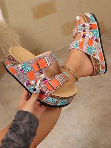 Women's Summer Fashion Thick Rubber Sole PU Leather Sandals Bohemian Style Platform Slides 2026 New Arrival Strappy Metal Buckle Studs Decorated Height Incr Beach Shoes Summer Footwear Wedge Sandals