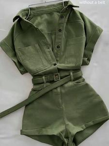 New Casual Workwear Romper for Women, Multi-Pocket Short Sleeve Shorts Dress, Comfortable and Stylish for Everyday Wear