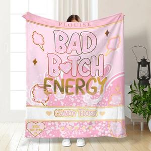 Cotton Candy Print Fuzzy Plush Throw Blanket, Cartoon Energy Letter Pattern Cozy Soft Blanket for Home, Office, Travel and Camping