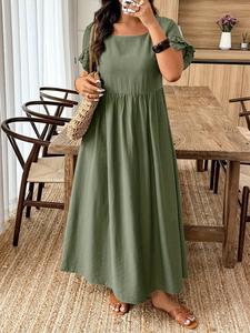 Women's Fashion Plus Size Casual Elegant Dress, Loose-Fitting Midi Dress, Short Sleeve Woven Fabric, All Seasons Wear, Womenswear