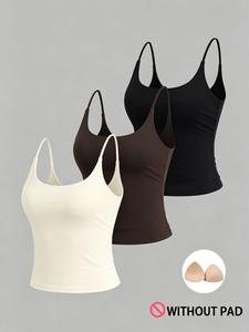 Women's 3-Piece Set Apricot Coffee Brown Black Sexy Short Casual Commuter Camisole Vest Thin Strap Square Neck Versatile Daily Wear  Basic Style