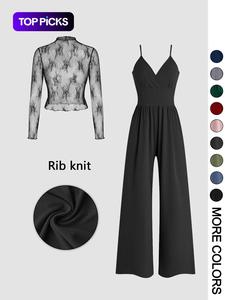 Women's Solid Color Lace Tee & Pocket High Waist Design Fitted Jumpsuit Pants Two-piece Set Outfit, Elegant Chic Fashion Casual Zipper Back Cami Jumpsuit & Long Sleeve Knitted Top for Daily Outdoor Wear, Women's Clothing for Spring & Fall Womenswear