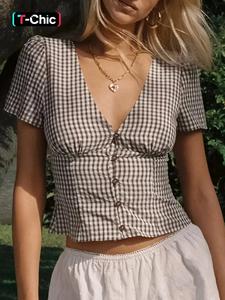 Women's Plaid Print V Neck Short Sleeve Blouse, Casual Curved Hem Top for Summer, Fashion Women's Top for Daily Wear