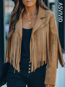 Women's Fringe Trim Lapel Collar Jacket, Casual Long Sleeve Open Front Outerwear for Spring & Fall, Ladies Clothes for Daily Wear