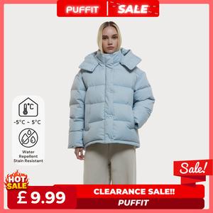 [Clearance] PUFFIT Women's & Men's Basic Warm Fitted Button Puffer Coat with Removable Hood Zip