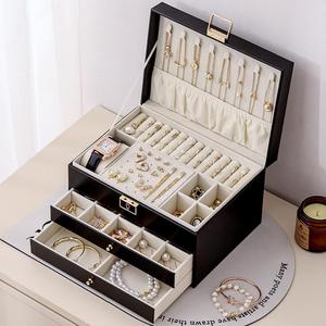 3 Layers Jewelry Velvet Box, 1 Count Large Capacity Jewelry Holder Organizer with Drawer, Lockable Jewelry Boxes for Earring Necklace Ring, Gift for Women