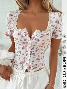 1 Piece Sweetheart Neck Lace Trim Short Sleeve Floral Print Crop Top, Y2K Casual Style