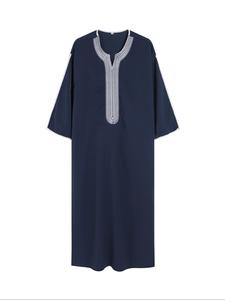 Men's Loose Embroidering Notched Neck Kaftan, Summer Outfits 2024, Casual Short Sleeve Contrast Binding Arabic Clothing, Traditional Arabic Robe, Fashion Men's Islamic Clothing for Daily Wear
